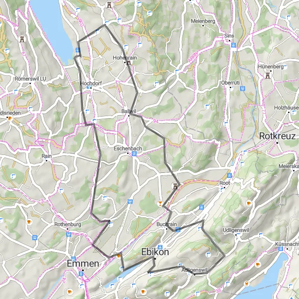 Miniatua del mapa de inspiración ciclista "Ruta en carretera hacia Hochdorf y más allá" en Zentralschweiz, Switzerland. Generado por Tarmacs.app planificador de rutas ciclistas