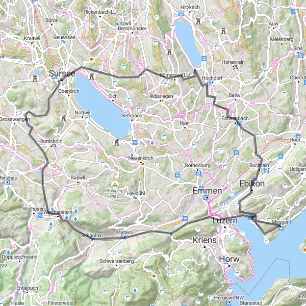Zemljevid v pomanjšavi "Raznolika kolesarska pot v bližini Adligenswila" kolesarske inspiracije v Zentralschweiz, Switzerland. Generirano z načrtovalcem kolesarskih poti Tarmacs.app