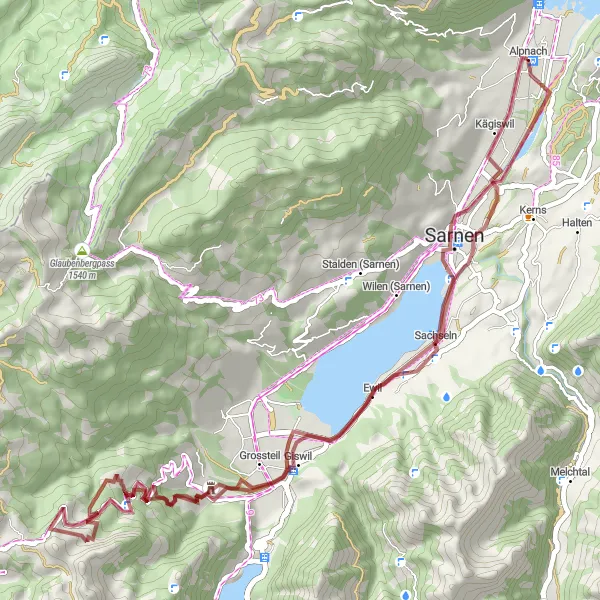 Zemljevid v pomanjšavi "Gravel kolesarjenje ob jezeru Sarnersee" kolesarske inspiracije v Zentralschweiz, Switzerland. Generirano z načrtovalcem kolesarskih poti Tarmacs.app