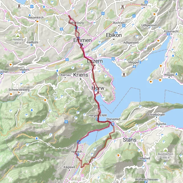 Mapa miniatúra "Gravelová cesta cez Luzernské jazero" cyklistická inšpirácia v Zentralschweiz, Switzerland. Vygenerované cyklistickým plánovačom trás Tarmacs.app