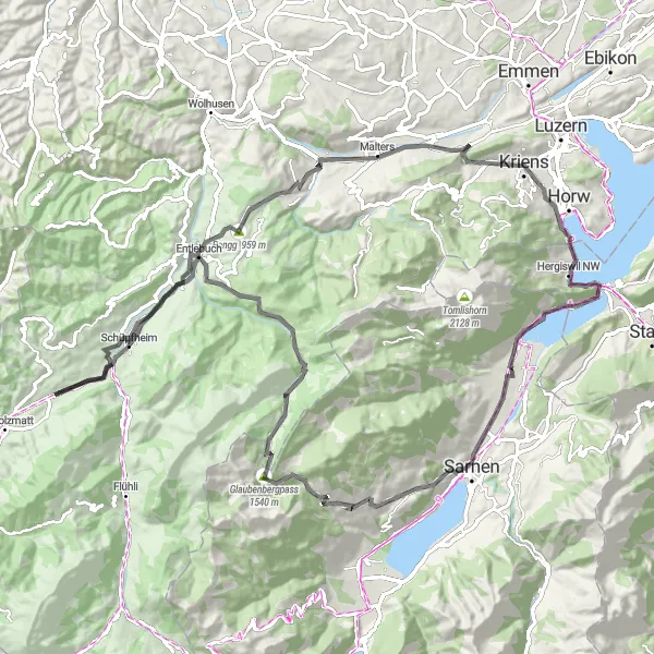 Map miniature of "Alpnach to Schüpfheim Loop" cycling inspiration in Zentralschweiz, Switzerland. Generated by Tarmacs.app cycling route planner