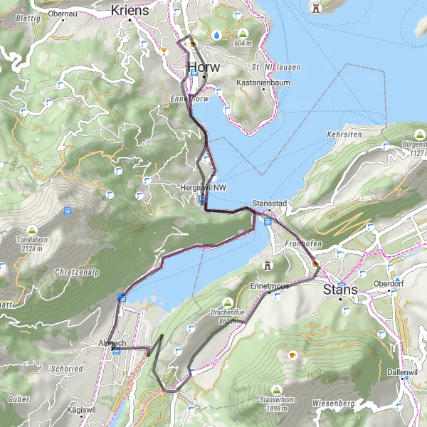 Miniature de la carte de l'inspiration cycliste "La Boucle des Lacs et des Vallées" dans la Zentralschweiz, Switzerland. Générée par le planificateur d'itinéraire cycliste Tarmacs.app