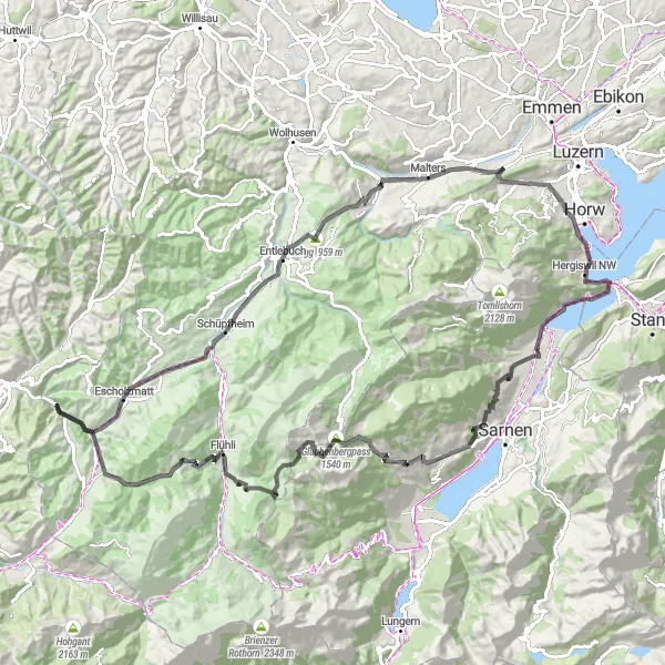 Miniatua del mapa de inspiración ciclista "Desafío de los Picos" en Zentralschweiz, Switzerland. Generado por Tarmacs.app planificador de rutas ciclistas