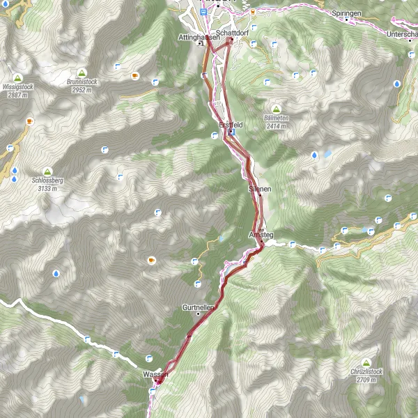 Kartminiatyr av "Grusväg till Wassen" cykelinspiration i Zentralschweiz, Switzerland. Genererad av Tarmacs.app cykelruttplanerare