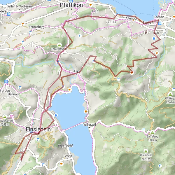 Miniatura della mappa di ispirazione al ciclismo "Giro Gravel da Altendorf a Einsiedeln" nella regione di Zentralschweiz, Switzerland. Generata da Tarmacs.app, pianificatore di rotte ciclistiche
