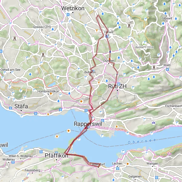 Miniatura della mappa di ispirazione al ciclismo "Esplorazione Gravel tra Rapperswil e Rüti ZH" nella regione di Zentralschweiz, Switzerland. Generata da Tarmacs.app, pianificatore di rotte ciclistiche