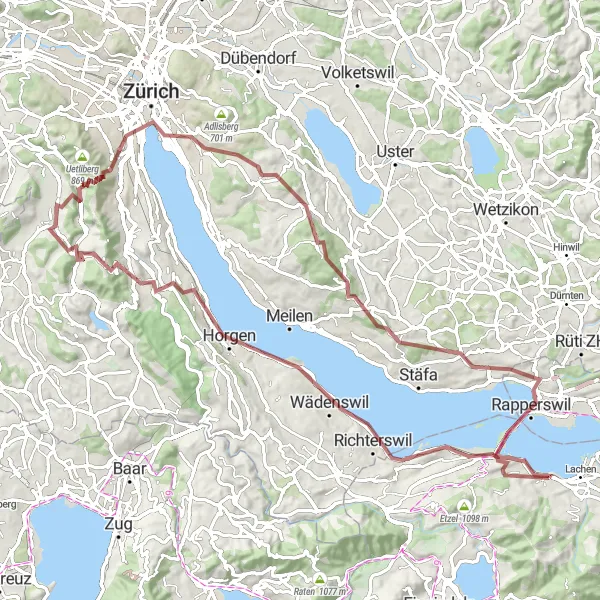 Miniatura della mappa di ispirazione al ciclismo "Giro in bicicletta da Altendorf a Zurich" nella regione di Zentralschweiz, Switzerland. Generata da Tarmacs.app, pianificatore di rotte ciclistiche