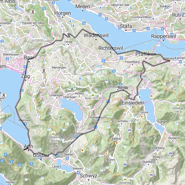 Miniaturekort af cykelinspirationen "Einsiedeln og Baar Cykelrute" i Zentralschweiz, Switzerland. Genereret af Tarmacs.app cykelruteplanlægger