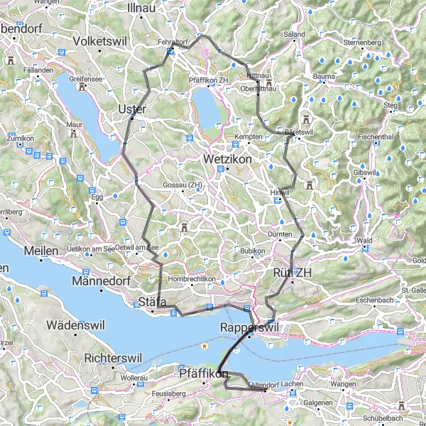 Miniatura della mappa di ispirazione al ciclismo "Giro in bicicletta da Altendorf a Rapperswil" nella regione di Zentralschweiz, Switzerland. Generata da Tarmacs.app, pianificatore di rotte ciclistiche