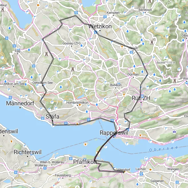 Mapa miniatúra "Cestná cyklistická trasa s jazdením do Mönchaltorfu" cyklistická inšpirácia v Zentralschweiz, Switzerland. Vygenerované cyklistickým plánovačom trás Tarmacs.app