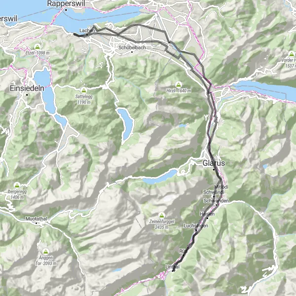 Miniatura della mappa di ispirazione al ciclismo "Cicloturismo tra Altendorf e Glarus" nella regione di Zentralschweiz, Switzerland. Generata da Tarmacs.app, pianificatore di rotte ciclistiche
