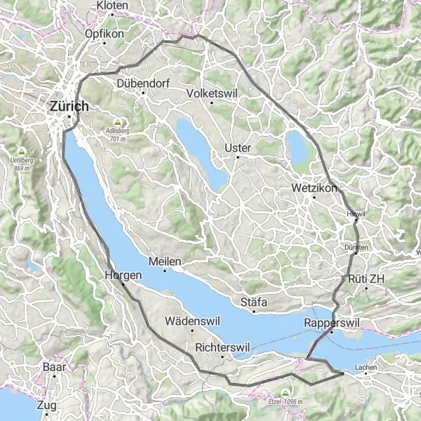 Miniatura della mappa di ispirazione al ciclismo "Scoperta in bicicletta tra Altendorf e Hinwil" nella regione di Zentralschweiz, Switzerland. Generata da Tarmacs.app, pianificatore di rotte ciclistiche