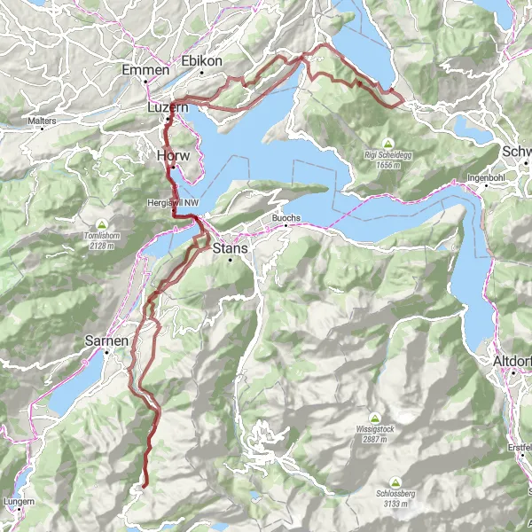 Mapa miniatúra "Challenging Gravel Tour to Rigi" cyklistická inšpirácia v Zentralschweiz, Switzerland. Vygenerované cyklistickým plánovačom trás Tarmacs.app