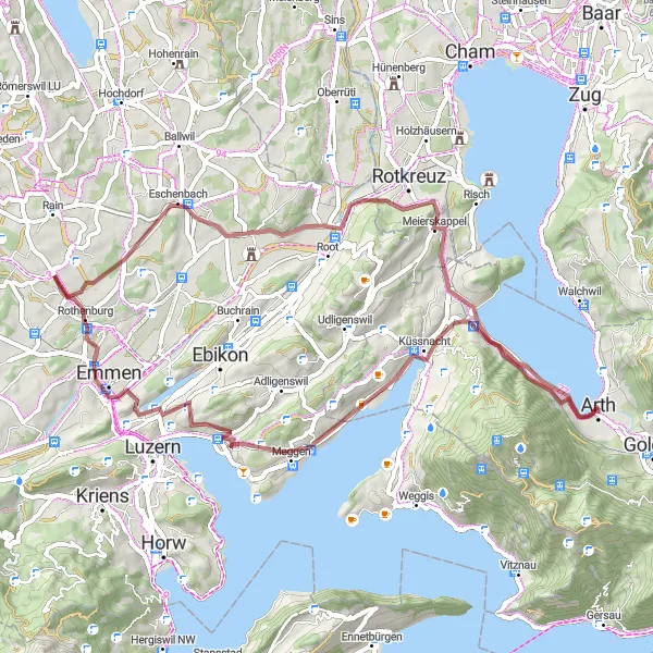 Map miniature of "Serenity Gravel Loop" cycling inspiration in Zentralschweiz, Switzerland. Generated by Tarmacs.app cycling route planner