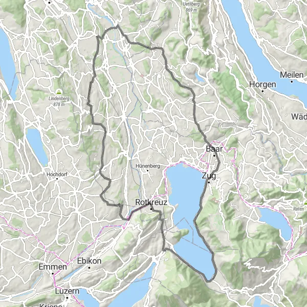 Karttaminiaatyyri "Zug - Walchwil Round Trip" pyöräilyinspiraatiosta alueella Zentralschweiz, Switzerland. Luotu Tarmacs.app pyöräilyreittisuunnittelijalla