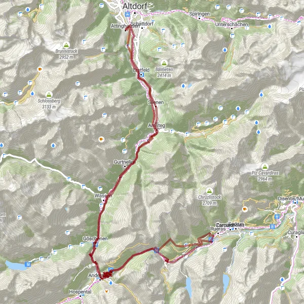 Map miniature of "Challenging Gravel Expedition: Attinghausen to Oberalppass" cycling inspiration in Zentralschweiz, Switzerland. Generated by Tarmacs.app cycling route planner