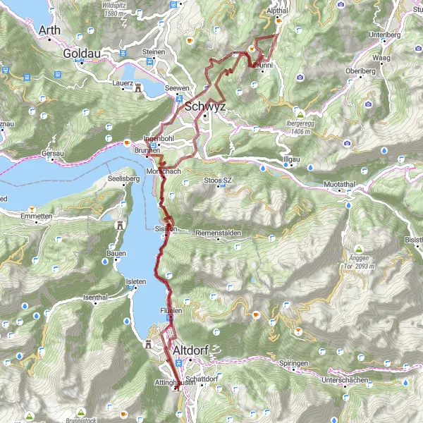 Miniatura della mappa di ispirazione al ciclismo "Camini di Gravel intorno a Attinghausen" nella regione di Zentralschweiz, Switzerland. Generata da Tarmacs.app, pianificatore di rotte ciclistiche