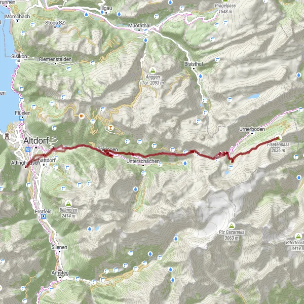 Karten-Miniaturansicht der Radinspiration "Gravel-Tour durch Schattdorf und Bürglen" in Zentralschweiz, Switzerland. Erstellt vom Tarmacs.app-Routenplaner für Radtouren