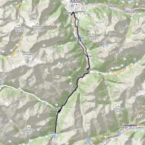 Miniatua del mapa de inspiración ciclista "Ruta de Ciclismo en Carretera hacia Wassen y Silenen" en Zentralschweiz, Switzerland. Generado por Tarmacs.app planificador de rutas ciclistas