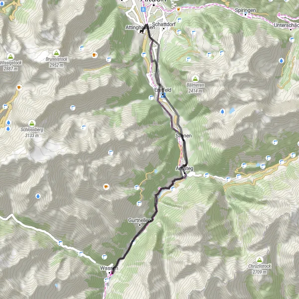 Miniatura della mappa di ispirazione al ciclismo "Percorso ciclabile da Attinghausen a Silenen" nella regione di Zentralschweiz, Switzerland. Generata da Tarmacs.app, pianificatore di rotte ciclistiche