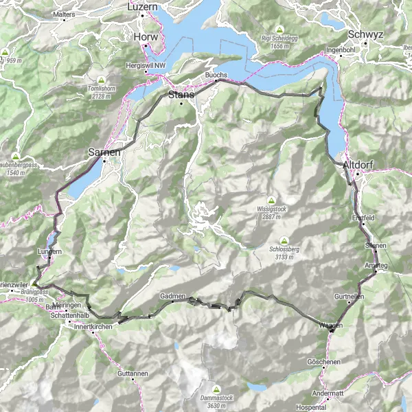 Miniatua del mapa de inspiración ciclista "Ruta en Carretera Silenen-Reussdeltaturm" en Zentralschweiz, Switzerland. Generado por Tarmacs.app planificador de rutas ciclistas