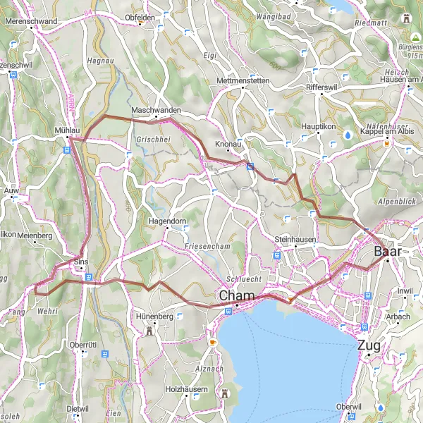 Miniaturní mapa "Gravel Tour Baar - Schloss Knonau" inspirace pro cyklisty v oblasti Zentralschweiz, Switzerland. Vytvořeno pomocí plánovače tras Tarmacs.app