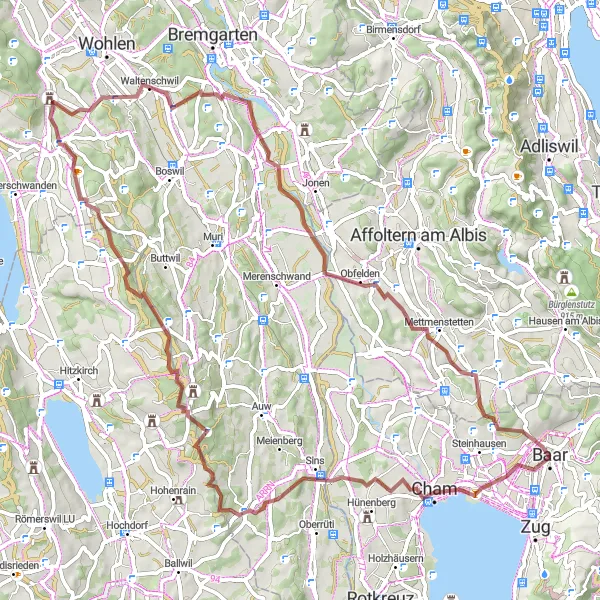 Miniatua del mapa de inspiración ciclista "Ruta de Grava desde Baar a Obfelden" en Zentralschweiz, Switzerland. Generado por Tarmacs.app planificador de rutas ciclistas