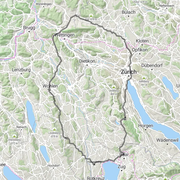 Miniaturekort af cykelinspirationen "Zentralschweiz til Zürich via Albis" i Zentralschweiz, Switzerland. Genereret af Tarmacs.app cykelruteplanlægger