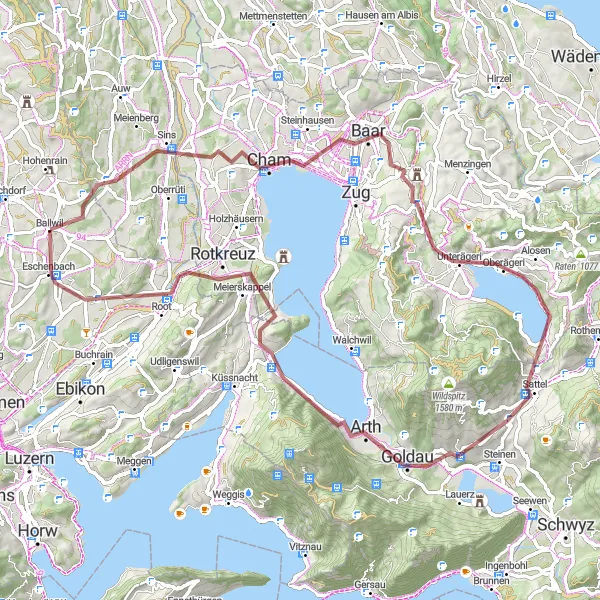 Miniatua del mapa de inspiración ciclista "Ruta de Grava Ägerisee" en Zentralschweiz, Switzerland. Generado por Tarmacs.app planificador de rutas ciclistas