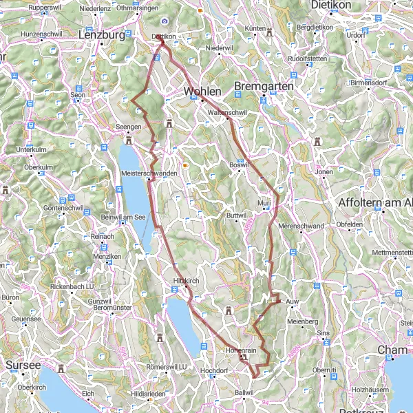 Kartminiatyr av "Fjellandskap og Grusveier fra Ballwil" sykkelinspirasjon i Zentralschweiz, Switzerland. Generert av Tarmacs.app sykkelrutoplanlegger