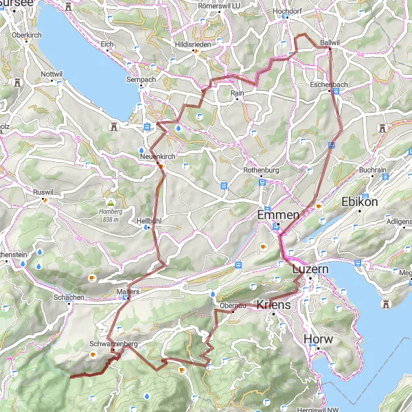 Karttaminiaatyyri "Männliturm - Lucerne - Würzenegg - Eigenthal - Malters Loop" pyöräilyinspiraatiosta alueella Zentralschweiz, Switzerland. Luotu Tarmacs.app pyöräilyreittisuunnittelijalla