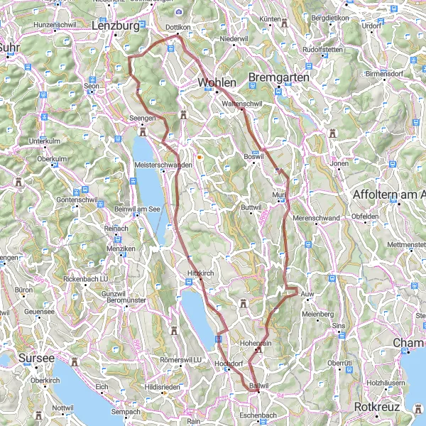 Miniature de la carte de l'inspiration cycliste "Boucle à vélo de gravier à travers les environs de Ballwil" dans la Zentralschweiz, Switzerland. Générée par le planificateur d'itinéraire cycliste Tarmacs.app