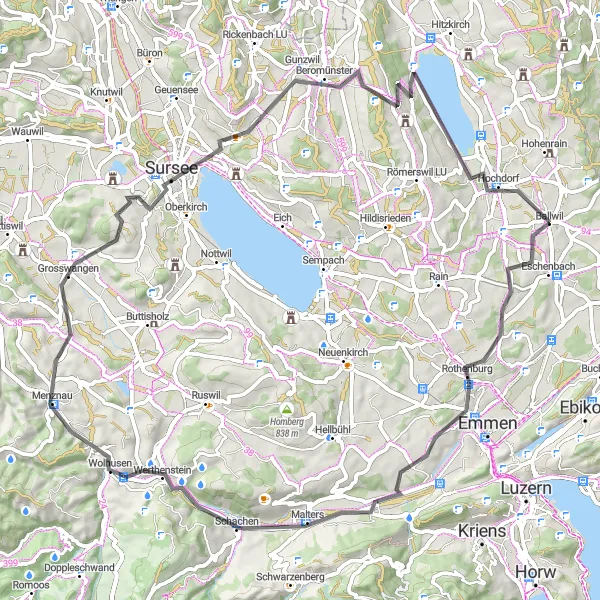 Map miniature of "The Rothenburg Loop" cycling inspiration in Zentralschweiz, Switzerland. Generated by Tarmacs.app cycling route planner