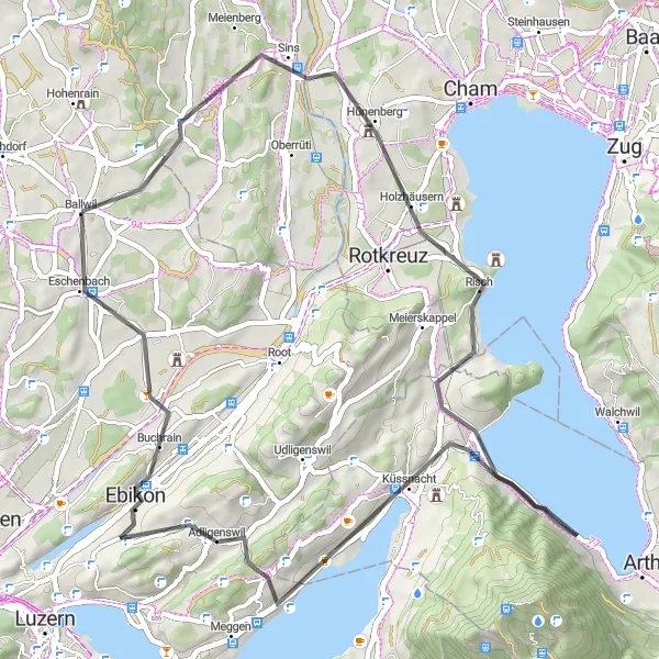 Miniatua del mapa de inspiración ciclista "Ruta de ciclismo de 56 km en carretera cerca de Ballwil" en Zentralschweiz, Switzerland. Generado por Tarmacs.app planificador de rutas ciclistas