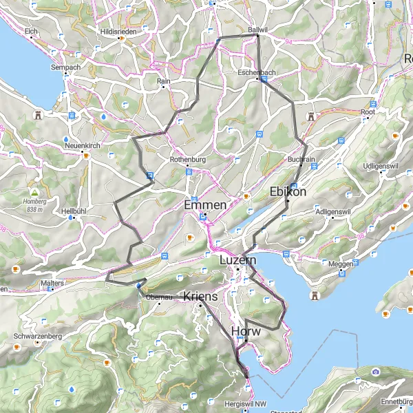 Karttaminiaatyyri "Countryside Cycling Tour near Ballwil" pyöräilyinspiraatiosta alueella Zentralschweiz, Switzerland. Luotu Tarmacs.app pyöräilyreittisuunnittelijalla