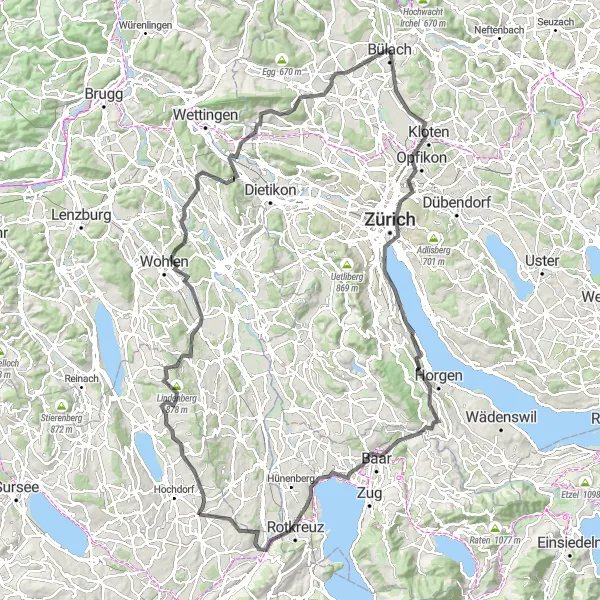 Zemljevid v pomanjšavi "Pot okoli Züricha" kolesarske inspiracije v Zentralschweiz, Switzerland. Generirano z načrtovalcem kolesarskih poti Tarmacs.app