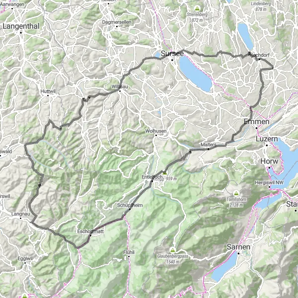 Miniatura della mappa di ispirazione al ciclismo "La grande avventura di Ballwil" nella regione di Zentralschweiz, Switzerland. Generata da Tarmacs.app, pianificatore di rotte ciclistiche