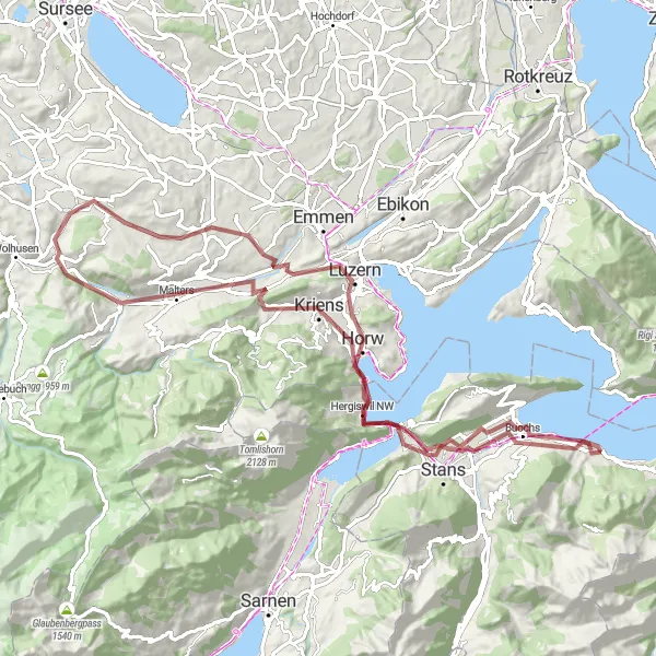 Miniature de la carte de l'inspiration cycliste "L'aventure entre lacs et montagnes" dans la Zentralschweiz, Switzerland. Générée par le planificateur d'itinéraire cycliste Tarmacs.app