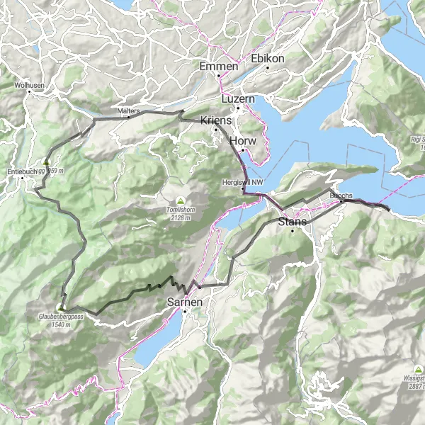 Mapa miniatúra "Cyklotrasa Buochs a Glaubenbergpass" cyklistická inšpirácia v Zentralschweiz, Switzerland. Vygenerované cyklistickým plánovačom trás Tarmacs.app