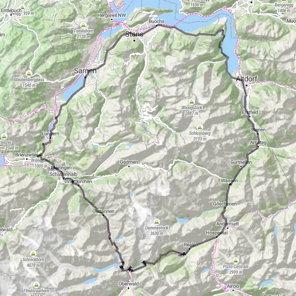 Miniatua del mapa de inspiración ciclista "Desafío extremo en Grimselpass y Furkapass" en Zentralschweiz, Switzerland. Generado por Tarmacs.app planificador de rutas ciclistas