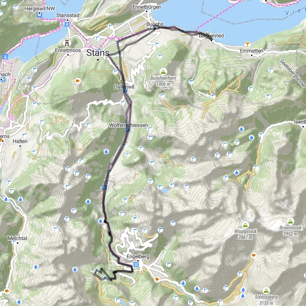 Map miniature of "Beckenried - Engelberg Loop" cycling inspiration in Zentralschweiz, Switzerland. Generated by Tarmacs.app cycling route planner