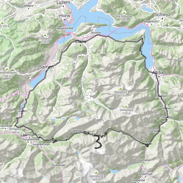 Map miniature of "Explore the Mountain Passes and Lakes of Central Switzerland" cycling inspiration in Zentralschweiz, Switzerland. Generated by Tarmacs.app cycling route planner