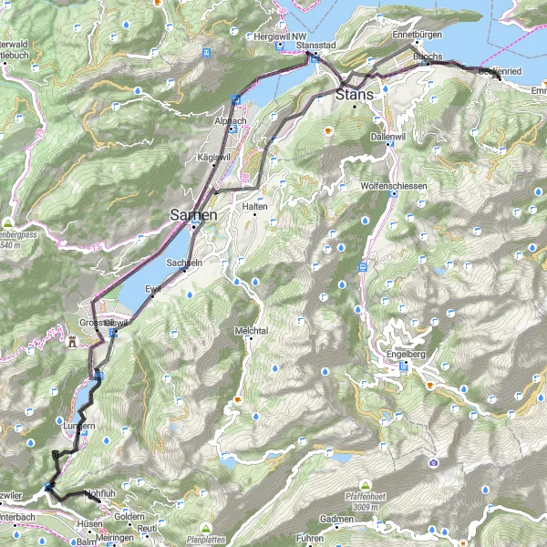 Miniatua del mapa de inspiración ciclista "Aventura en Sachseln y Burg" en Zentralschweiz, Switzerland. Generado por Tarmacs.app planificador de rutas ciclistas
