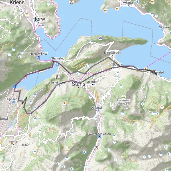 Map miniature of "Ennetbürgen - Beckenried Loop" cycling inspiration in Zentralschweiz, Switzerland. Generated by Tarmacs.app cycling route planner