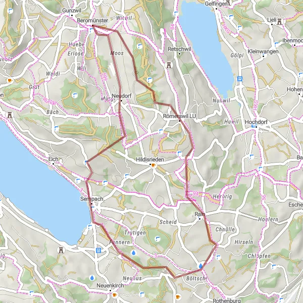 Miniatua del mapa de inspiración ciclista "Ruta de gravel desde Beromünster a Neudorf" en Zentralschweiz, Switzerland. Generado por Tarmacs.app planificador de rutas ciclistas