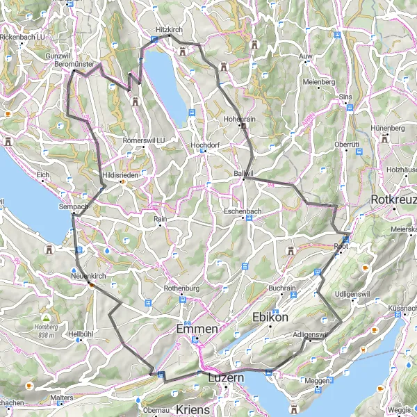 Kartminiatyr av "Landevei Beromünster - Sempach via Adligenswil og Aussichtsplatform" sykkelinspirasjon i Zentralschweiz, Switzerland. Generert av Tarmacs.app sykkelrutoplanlegger