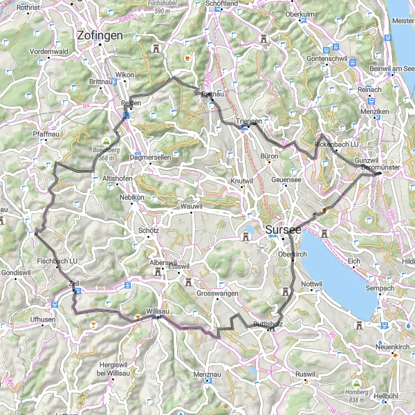 Zemljevid v pomanjšavi "Dolga kolesarska tura preko Oberkircha, Willisau, Salberiga, Buechberga, Leidena, Triengena, Rickenbacha LU" kolesarske inspiracije v Zentralschweiz, Switzerland. Generirano z načrtovalcem kolesarskih poti Tarmacs.app