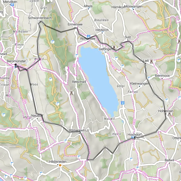 Miniatua del mapa de inspiración ciclista "Ruta de Ermensee a Moos" en Zentralschweiz, Switzerland. Generado por Tarmacs.app planificador de rutas ciclistas
