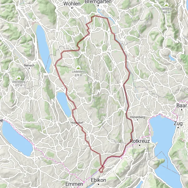 Zemljevid v pomanjšavi "Inwil - Honau Gravel Cycling Adventure" kolesarske inspiracije v Zentralschweiz, Switzerland. Generirano z načrtovalcem kolesarskih poti Tarmacs.app