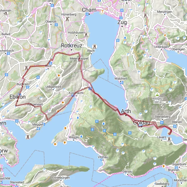 Miniatura della mappa di ispirazione al ciclismo "Avventura Gravel a Arth e Goldau" nella regione di Zentralschweiz, Switzerland. Generata da Tarmacs.app, pianificatore di rotte ciclistiche